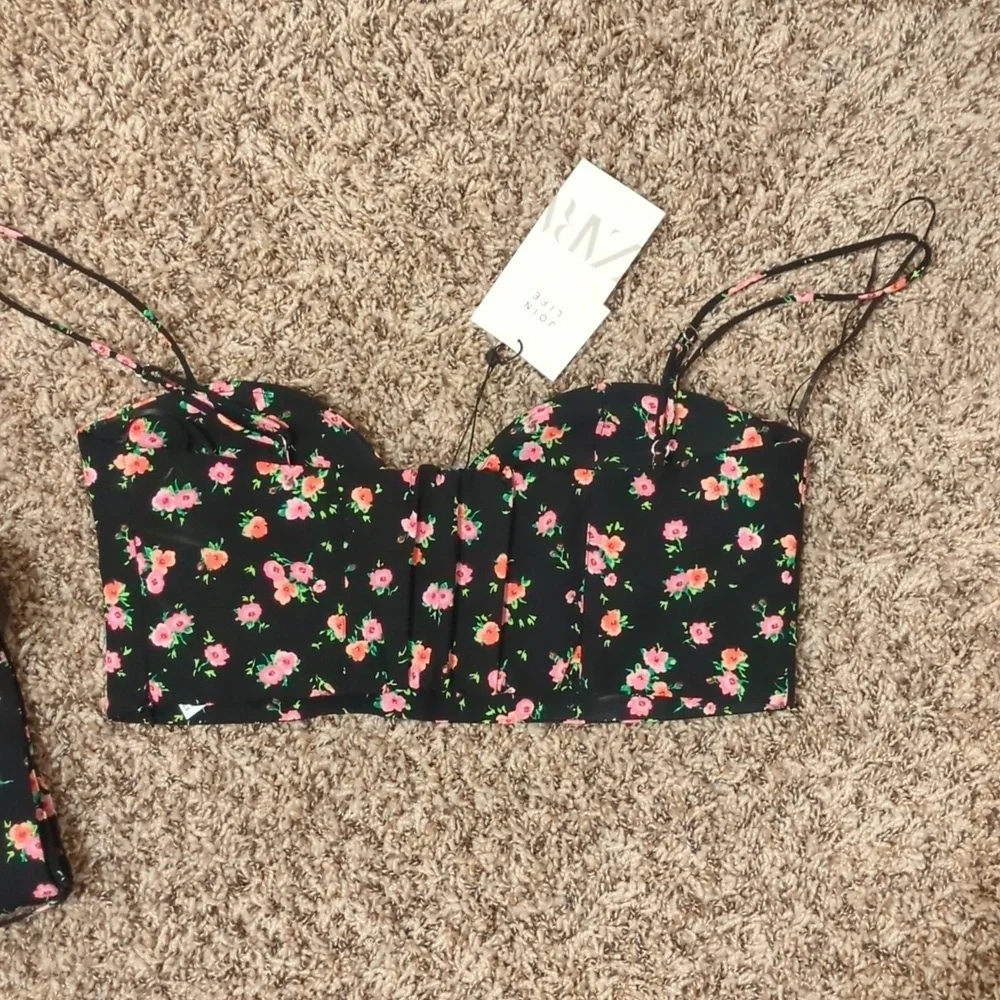 Zara black linen floral two piece sleeveless crop top midi skirt set with slit